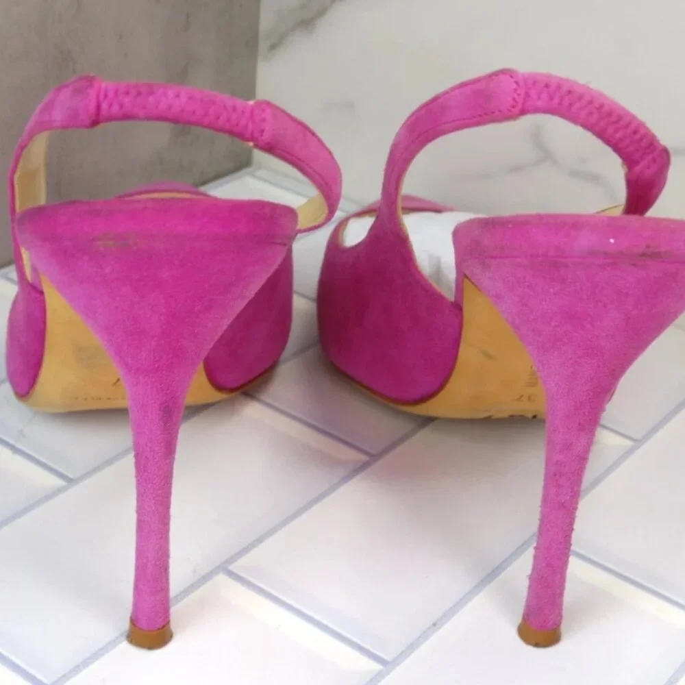 Manolo Blahnik Allura Pink Suede Slingback Pumps Pointed Toe Heels - Picture 5 of 14